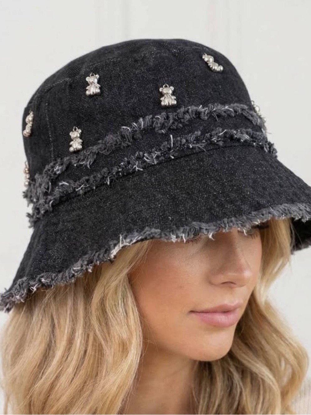 ShopEvelynne Black Beaded Frayed Denim Bucket Hat